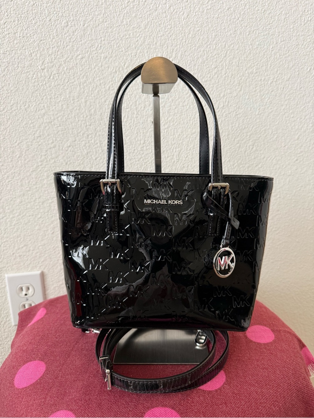 Michael Kors Jet Set XS Carryall Convertible Tote Black Patent NWT